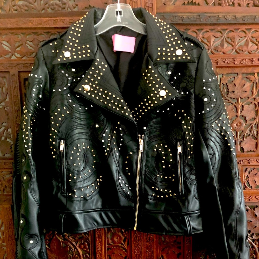 Leather studded fringe moto jacket